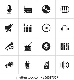 Set Of 16 Editable Sound Icons. Includes Symbols Such As Timpano, Synthesizer, Volume And More. Can Be Used For Web, Mobile, UI And Infographic Design.
