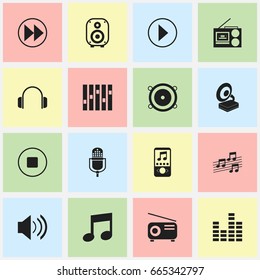 Set Of 16 Editable Sound Icons. Includes Symbols Such As Music, Bar Wave, Phonograph And More. Can Be Used For Web, Mobile, UI And Infographic Design.