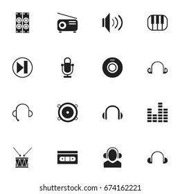 Set Of 16 Editable Sound Icons. Includes Symbols Such As Headphones, Forward, Dj And More. Can Be Used For Web, Mobile, UI And Infographic Design.