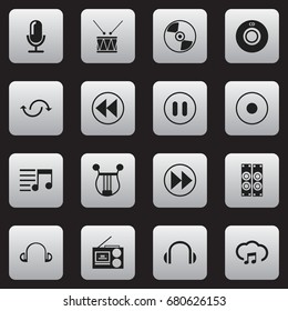 Set Of 16 Editable Sound Icons. Includes Symbols Such As Stop, Cassette Player, Media Interview And More. Can Be Used For Web, Mobile, UI And Infographic Design.