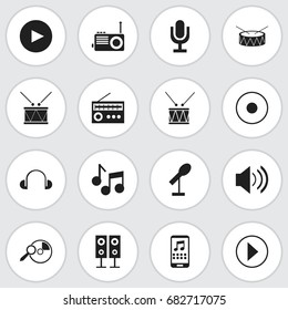 Set Of 16 Editable Sound Icons. Includes Symbols Such As Retro Tuner, Timpano, Smartphone And More. Can Be Used For Web, Mobile, UI And Infographic Design.
