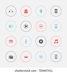 Set Of 16 Editable Sound Icons. Includes Symbols Such As Smartphone, Stop, Volume And More. Can Be Used For Web, Mobile, UI And Infographic Design.