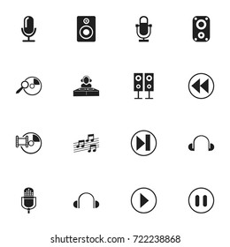 Set Of 16 Editable Sound Icons. Includes Symbols Such As Audio Bass, Musical Sign, Stop And More. Can Be Used For Web, Mobile, UI And Infographic Design.