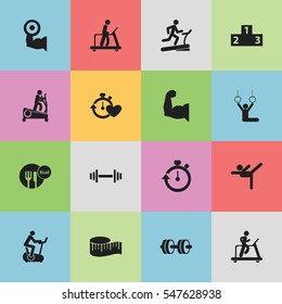 Set Of 16 Editable Sport Icons. Includes Symbols Such As Health Time, Healthy Food, Executing Running And More. Can Be Used For Web, Mobile, UI And Infographic Design.