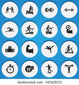 Set Of 16 Editable Sport Icons. Includes Symbols Such As Football, Fight, Bodybuilding And More. Can Be Used For Web, Mobile, UI And Infographic Design.