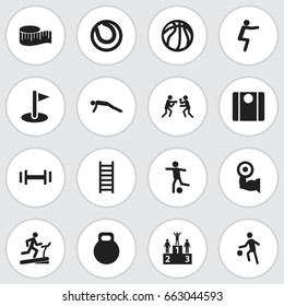 Set Of 16 Editable Sport Icons. Includes Symbols Such As Football, Basket Play, Cloth Ruler And More. Can Be Used For Web, Mobile, UI And Infographic Design.