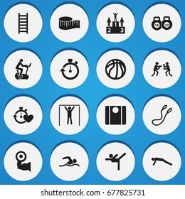 Set Of 16 Editable Sport Icons. Includes Symbols Such As Physical Education, Cloth Ruler, Training Pool And More. Can Be Used For Web, Mobile, UI And Infographic Design.