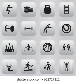 Set Of 16 Editable Sport Icons. Includes Symbols Such As Bicycle Rider, Racetrack Training, Crossbar And More. Can Be Used For Web, Mobile, UI And Infographic Design.