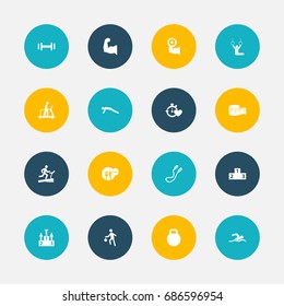 Set Of 16 Editable Sport Icons. Includes Symbols Such As Biceps, Heavy Training, Competition And More. Can Be Used For Web, Mobile, UI And Infographic Design.