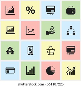 Set Of 16 Editable Statistic Icons. Includes Symbols Such As Circle Diagram, Equalizer Display, Credit Card And More. Can Be Used For Web, Mobile, UI And Infographic Design.
