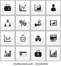 Set Of 16 Editable Statistic Icons. Includes Symbols Such As Cash Briefcase, Transmission, Money Bag And More. Can Be Used For Web, Mobile, UI And Infographic Design.
