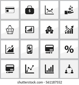 Set Of 16 Editable Statistic Icons. Includes Symbols Such As Percent, Graph Information, Trading Purse And More. Can Be Used For Web, Mobile, UI And Infographic Design.
