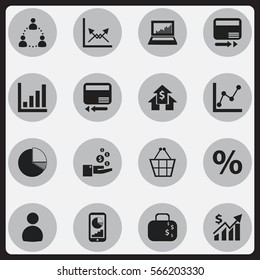 Set Of 16 Editable Statistic Icons. Includes Symbols Such As Revenue, Schema, Banking House And More. Can Be Used For Web, Mobile, UI And Infographic Design.