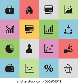 Set Of 16 Editable Statistic Icons. Includes Symbols Such As Trading Purse, Banking House, Profit And More. Can Be Used For Web, Mobile, UI And Infographic Design.