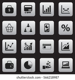 Set Of 16 Editable Statistic Icons. Includes Symbols Such As Revenue, Transmission, Money Bag And More. Can Be Used For Web, Mobile, UI And Infographic Design.
