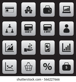 Set Of 16 Editable Statistic Icons. Includes Symbols Such As Trading Purse, Schema, Money Bag And More. Can Be Used For Web, Mobile, UI And Infographic Design.
