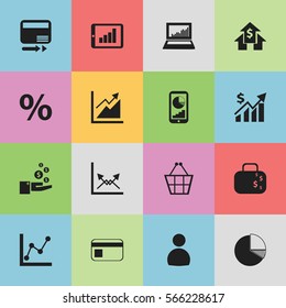 Set Of 16 Editable Statistic Icons. Includes Symbols Such As Equalizer Display, Cash Briefcase, Circle Diagram And More. Can Be Used For Web, Mobile, UI And Infographic Design.