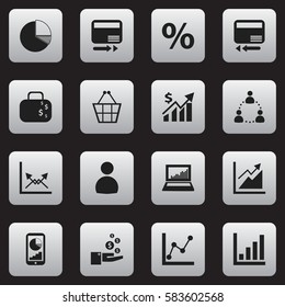 Set Of 16 Editable Statistic Icons. Includes Symbols Such As Profit, Credit Card, Pay Redeem And More. Can Be Used For Web, Mobile, UI And Infographic Design.