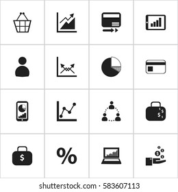 Set Of 16 Editable Statistic Icons. Includes Symbols Such As Percent, Pay Redeem, Graph Information And More. Can Be Used For Web, Mobile, UI And Infographic Design.