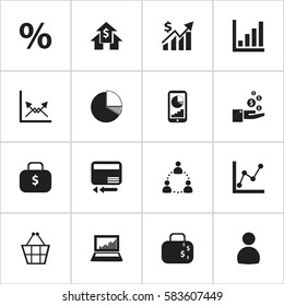 Set Of 16 Editable Statistic Icons. Includes Symbols Such As Trading Purse, Profit, Revenue And More. Can Be Used For Web, Mobile, UI And Infographic Design.