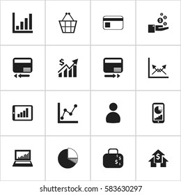 Set Of 16 Editable Statistic Icons. Includes Symbols Such As Bar Chart, Revenue, Schema And More. Can Be Used For Web, Mobile, UI And Infographic Design.