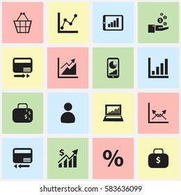 Set Of 16 Editable Statistic Icons. Includes Symbols Such As Pay Redeem, Cash Briefcase, Phone Statistics And More. Can Be Used For Web, Mobile, UI And Infographic Design.