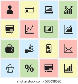 Set Of 16 Editable Statistic Icons. Includes Symbols Such As Bank Payment, Credit Card, Equalizer Display And More. Can Be Used For Web, Mobile, UI And Infographic Design.