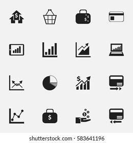 Set Of 16 Editable Statistic Icons. Includes Symbols Such As Credit Card, Graph Information, Banking House And More. Can Be Used For Web, Mobile, UI And Infographic Design.