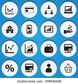 Set Of 16 Editable Statistic Icons. Includes Symbols Such As Bank Payment, Trading Purse, Banking House And More. Can Be Used For Web, Mobile, UI And Infographic Design.