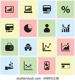 Set Of 16 Editable Statistic Icons. Includes Symbols Such As Profit, Percent, Circle Diagram And More. Can Be Used For Web, Mobile, UI And Infographic Design.