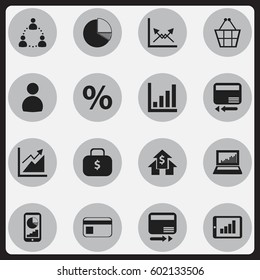 Set Of 16 Editable Statistic Icons. Includes Symbols Such As Percent, Equalizer Display, Bar Chart And More. Can Be Used For Web, Mobile, UI And Infographic Design.