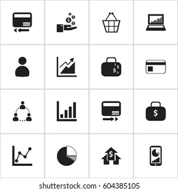 Set Of 16 Editable Statistic Icons. Includes Symbols Such As Cash Briefcase, Equalizer Display, Pay Redeem And More. Can Be Used For Web, Mobile, UI And Infographic Design.