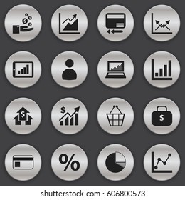 Set Of 16 Editable Statistic Icons. Includes Symbols Such As Bar Chart, Schema, Credit Card And More. Can Be Used For Web, Mobile, UI And Infographic Design.