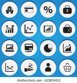 Set Of 16 Editable Statistic Icons. Includes Symbols Such As Percent, Cash Briefcase, Bank Payment And More. Can Be Used For Web, Mobile, UI And Infographic Design.