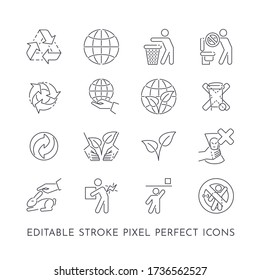 Set of 16 editable stroke pixel perfect icons about recycling and protecting nature