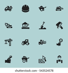 Set Of 16 Editable Structure Icons. Includes Symbols Such As Truck, Lifting Equipment, Endurance And More. Can Be Used For Web, Mobile, UI And Infographic Design.