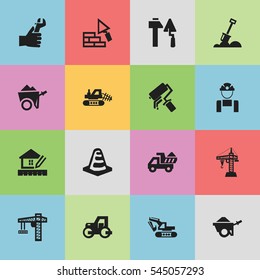 Set Of 16 Editable Structure Icons. Includes Symbols Such As Handcart , Hands , Notice Object. Can Be Used For Web, Mobile, UI And Infographic Design.
