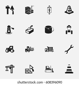 Set Of 16 Editable Structure Icons. Includes Symbols Such As Construction Tools, Bulldozer, Crane And More. Can Be Used For Web, Mobile, UI And Infographic Design.