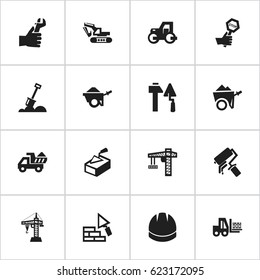 Set Of 16 Editable Structure Icons. Includes Symbols Such As Hardhat , Handcart , Trolley. Can Be Used For Web, Mobile, UI And Infographic Design.