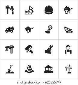 Set Of 16 Editable Structure Icons. Includes Symbols Such As Trolley, Construction Tools, Oar And More. Can Be Used For Web, Mobile, UI And Infographic Design.
