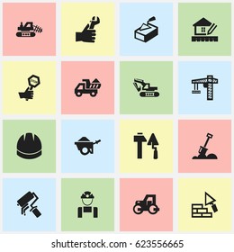 Set Of 16 Editable Structure Icons. Includes Symbols Such As Lifting Equipment, Mule, Camion And More. Can Be Used For Web, Mobile, UI And Infographic Design.