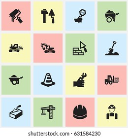 Set Of 16 Editable Structure Icons. Includes Symbols Such As Oar, Truck, Hardhat And More. Can Be Used For Web, Mobile, UI And Infographic Design.