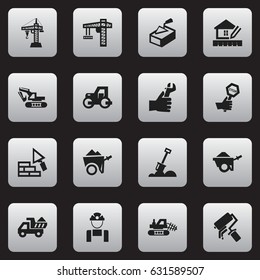 Set Of 16 Editable Structure Icons. Includes Symbols Such As Elevator, Excavation Machine , Hands. Can Be Used For Web, Mobile, UI And Infographic Design.