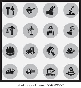 Set Of 16 Editable Structure Icons. Includes Symbols Such As Hardhat, Endurance, Trolley And More. Can Be Used For Web, Mobile, UI And Infographic Design.