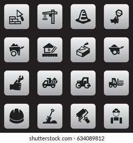 Set Of 16 Editable Structure Icons. Includes Symbols Such As Camion , Notice Object , Hands. Can Be Used For Web, Mobile, UI And Infographic Design.