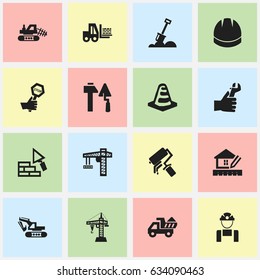 Set Of 16 Editable Structure Icons. Includes Symbols Such As Construction Tools, Mule, Scrub And More. Can Be Used For Web, Mobile, UI And Infographic Design.