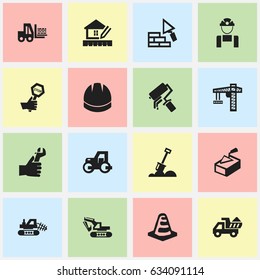 Set Of 16 Editable Structure Icons. Includes Symbols Such As Scrub, Spatula, Truck And More. Can Be Used For Web, Mobile, UI And Infographic Design.