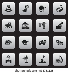 Set Of 16 Editable Structure Icons. Includes Symbols Such As Spatula, Caterpillar, Endurance And More. Can Be Used For Web, Mobile, UI And Infographic Design.