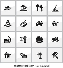 Set Of 16 Editable Structure Icons. Includes Symbols Such As Camion, Construction Tools, Notice Object And More. Can Be Used For Web, Mobile, UI And Infographic Design.