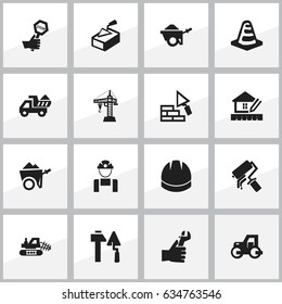 Set Of 16 Editable Structure Icons. Includes Symbols Such As Elevator, Caterpillar, Camion And More. Can Be Used For Web, Mobile, UI And Infographic Design.